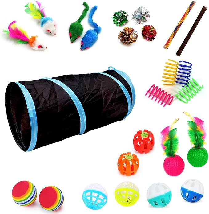 iCAGY 25 Pcs Cat Toys Set, Cat Tunnel Toy for Indoor Cats, Kittens | Interactive Variety Pack, 20 inches Cat Tunnel, Feather Teaser, Feather Golf, Mice, Springs, Balls, Noise Toys - Black 20" by iCAGY