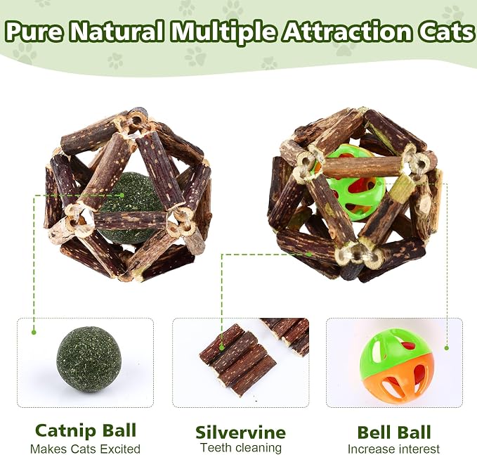 WOUSEDO 24 Pack Catnip Chew Toys with Silvervine Sticks for Cats | Natural cage balls & bell balls for indoor cats. Helps teeth cleaning, satisfies chewing instinct. Great for kittens & cats. - Image 2