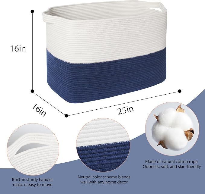 MEGASKET 108L Super Large Blanket Basket, 25" x 16" x 16" Jumbo Rectangle Basket for Blankets Living Room, Woven Cotton Rope Pillow Holder Organizer, Oversized Kids Dog Toy Storage Bin Box, Dark Blue - Image 2