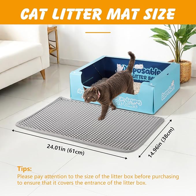 ondware Cat Litter Mat 24 x 15 in, Double Layer, Waterproof, Gray | Honeycomb EVA litter trapper, urine-proof non-slip base, soft on paws, easy shake or rinse clean - Image 2