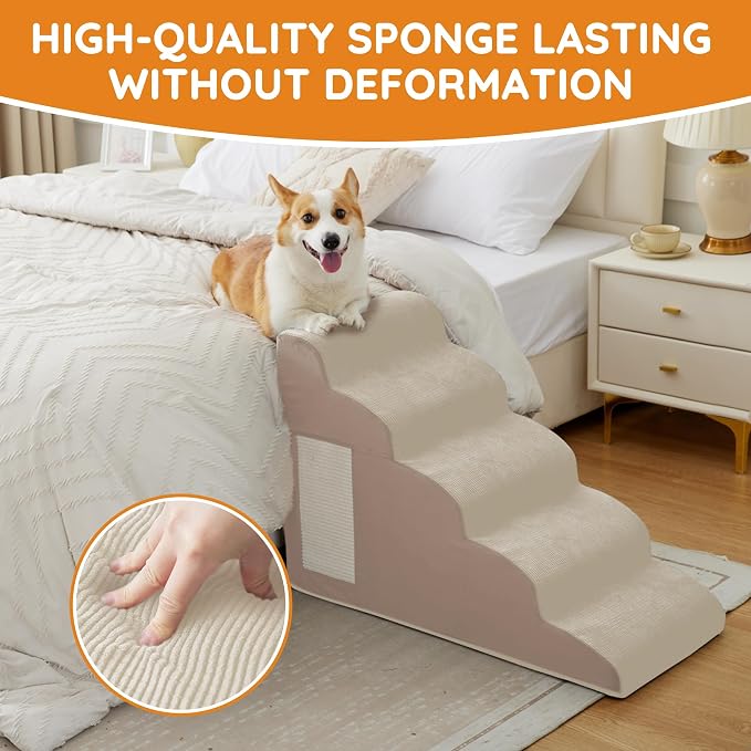 Dog Stairs for Small Dogs 22.6" H, Dog Ramp for Bed, 5-Step, Beige | Dog Steps for Bed, Couch, Pet Stairs with Non-Slip Bottom Design, Cat Scratching,High Density Foam Portable Pet Steps, Indoor - Image 8