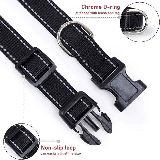 Reflective Dog Collar, Puppy Collar with Buckle Adjustable, Black XXS | Breathable Nylon Collars for Small Medium Large Dogs, No Chafing on Walks and Outdoor Hikes, Metal D-Ring, Night Safety - Image 3