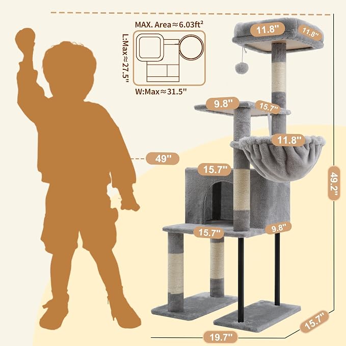 Heybly Cat Tree with Toy, 49.2 inch Cat Tower for Indoor Cats HCT200SW-1 | Spacious Cat House Condo with Hidden Space，Soft Plush Top Perch，Cozy Hammock and Sisal Scratching Posts, Light Gray - Image 6