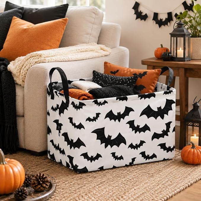 Halloween Batman Basket Gothic Bat Storage Kids Toy Organizer Room Decor | Collapsible Waterproof Kids Laundry Basket With Handles,Multi-scene Organizer for Home Bedroom,Black Bats Gift Bin - Image 6