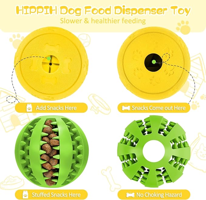 HIPPIH Dog Puzzle Toy 2 Pack, Interactive Dog Toys for Treat Dispensing | Durable Puppy Enrichment Toys, Dog Treat Ball for Teething, Slow Feeder, IQ Training, Green-2.75'', Yellow-3.14'' - Image 5