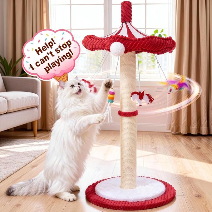 Carousel Cat Scratching Post with Hanging Toys, Interactive Cat Toys | 39" Tall,Cute Cat Post with Rotating Top, Cat Toys for Bored Indoor Adult Cats, Large,Stable, Sisal Rope - Image 9