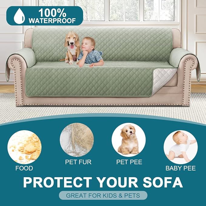 Turquoize 100% Waterproof Couch Cover Sofa Covers Washable Couch Covers for 3 Cushion Couch Sofa Pet Friendly Triple Non-Slip Couch Cover for Dogs Furniture Covers for Pets, Kids,Dog (Sofa 70", Sage) - Image 2