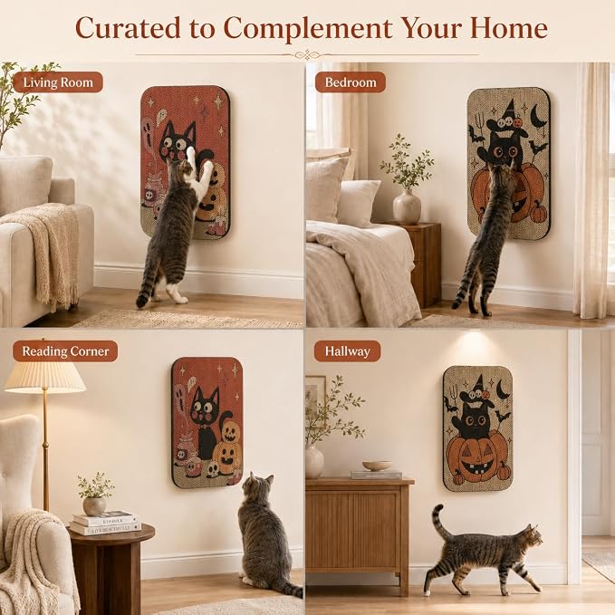 2 Pack Cat Wall Scratcher, Art Cat Scratching Board for Cats | Wall Mounted Cat Scratch Pad, Water-Based Ink, Hook&Loop Strips, Floor or Wall Use, 16.7x11x1 Inch, Pumpkin - Image 8