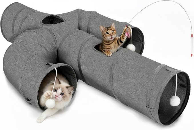 Ownpets Cactus Cat Tunnel 12" with Peek Holes for Indoor Large Cat, Grey | Durable Oxford fabric, noise-free, foldable & connectable, multi-cat friendly, tube for cats up to 20lb, includes ball & wand by Ownpets