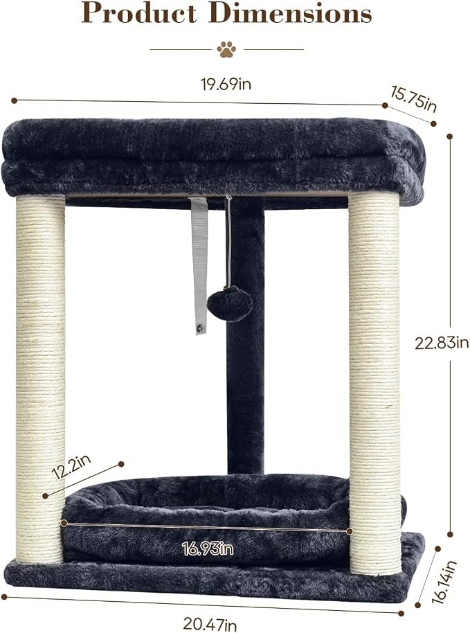 SYANDLVY Small Cat Tree for Indoor Cats with 2 Levels Perch Platforms | Natural Sisal Scratching Post Tower with Hanging Bell Ball & Anti-Tip Strap, Stable Cat Perch Furniture for Kittens, Smoky - Image 3