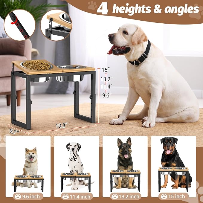 Dog Bowls Elevated, 4 Height (9.6" to15) & Angle (0-20°) Adjustable Raised Dog Bowl Stand, Elevated Dogs Bowl for Medium to Large Sized, Bamboo Feeding Station with 2X 10cups Stainless Steel Dishes - Image 2