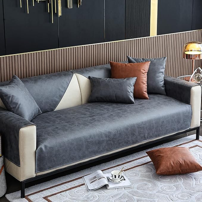 vctops Vintage Leather Look Sofa Cover Water Resistant Non-Slip Sectional Couch Cover Sofa Slipcover for Dogs, Children, Pets Furniture Protector (Grey,43"x43") - Image 3