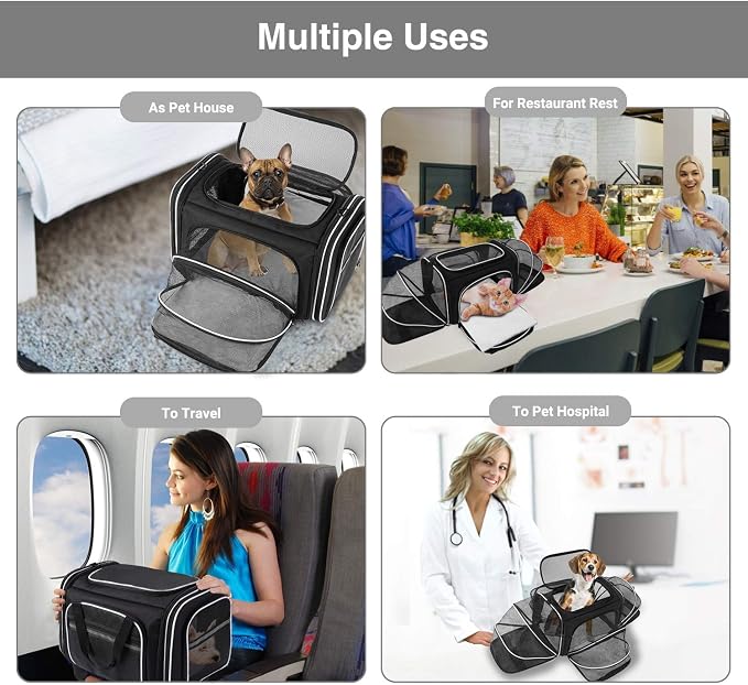 TSA Airline Approved Large Pet Travel Carrier,4 Sides Expandable with 2 Mesh Pockets,3 Entry, Soft Sided Collapsible Dog Carrier for 2 Cats,Kittens,Puppies,Dog, X-Large, Black & White - Image 4