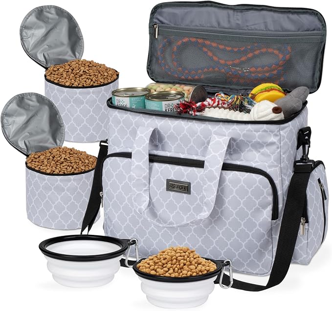 BAGLHER Dog Travel Bag, Pet Travel Bag (ALL Pet Travel Supplies), With 2 Pet Food Containers and 2 Collapsible Silicone Bowls; Essential Kits for Pet Travel DLwhite by BAGLHER