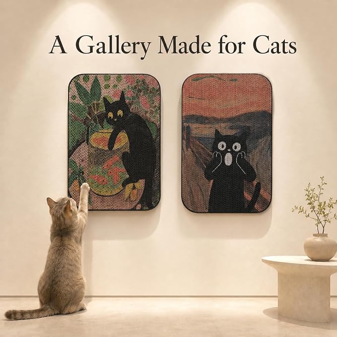 2 Pack Cat Wall Scratcher, Art Cat Scratching Board for Cats | Wall Mounted Cat Scratch Pad, Water-Based Ink, Hook&Loop Strips, Floor or Wall Use, 16.7x11x1 Inch, Goldfish & Scream - Image 6