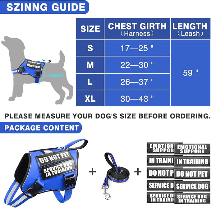 Service Dog Vest Harness and Leash Set+10 Patches,No Pull&Easy Walk Reflective Dog Harness with Soft Padded Handle for Training/Everyday,Fit Small/Medium/Large/Extra-Large Dogs (Blue L) | No Pull&Adjustable Reflective Dog Harness Large Sized,Dog Leash ... - Image 6