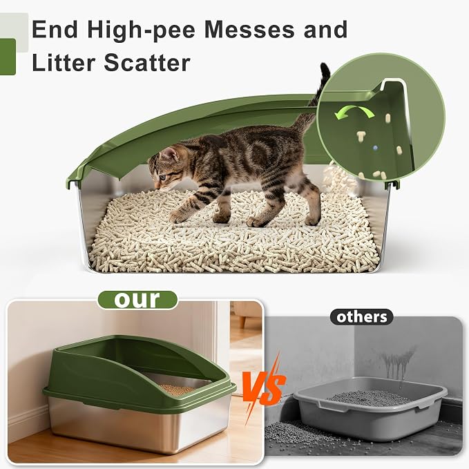 AIPERRO Stainless Steel Litter Box | XL Enclosed Metal Cat Litter Boxes | High Sided with Lid for Big Cats | Anti-Urine Leakage | Non-Stick Bottom & Includes Litter Mat & Metal Scoop (Olive Green) - Image 5
