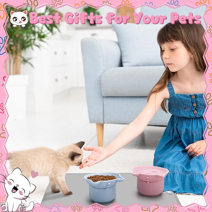 2 Pack Slow Feeder Cat Bowls Silicone Tilted Raised Pet Bowl | Non Slip Base for Digestion Anti Vomit, Pink, Blue - Image 8