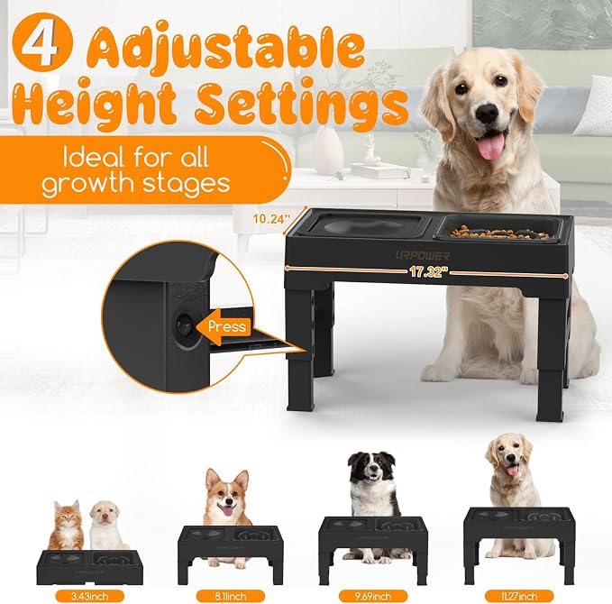 URPOWER 2-in-1 Elevated Slow Feeder Dog Bowls with No-Spill Water Bowl | 4 Height-Adjustable Raised Dog Bowls, Non-Slip Food and Water Bowls with Stand for Small, Medium, Large Dogs, Cats and Pets - Image 2