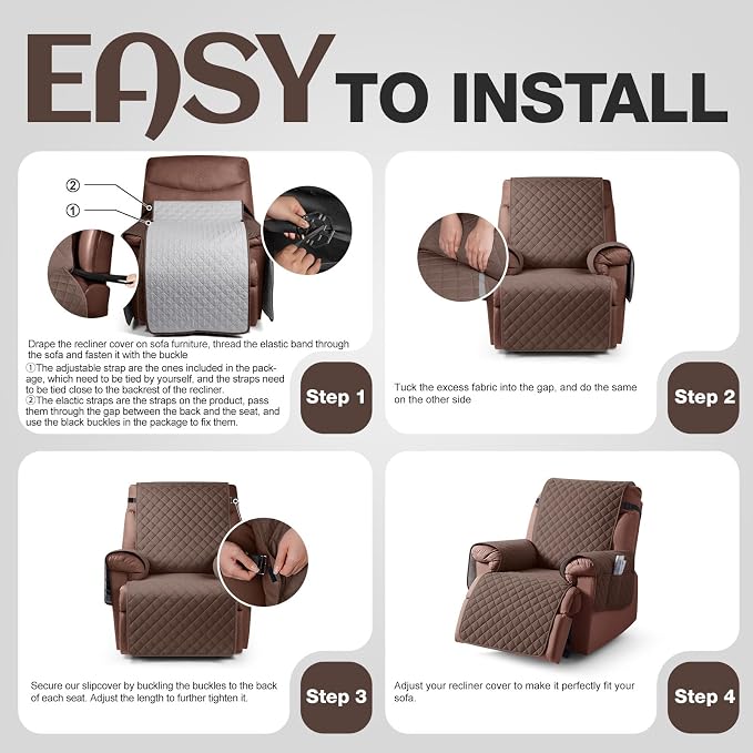KinCam 100% Waterproof Recliner Chair Covers Washable, 23.6", Deep Brown | Anti Slip Reclining Couch Covers for Pets Dog, Recliner Sofa Slipcover Storage Pocket, Furniture Protector with Elastic Strap - Image 7