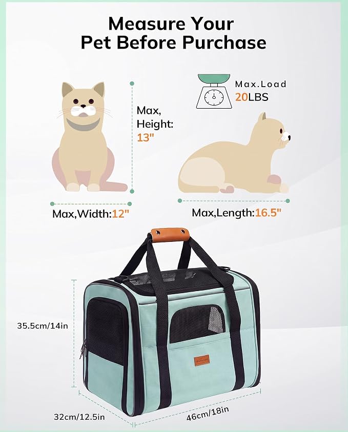 Morpilot Pet Carrier for Large Cats, Puppies & Small Dogs Up to 20lbs | Escape-Proof with Locking Zippers, Dual-Sided Cushion, Safety Buckle for Car & Vet Travel, Includes Foldable Bowl (Green) - Image 6