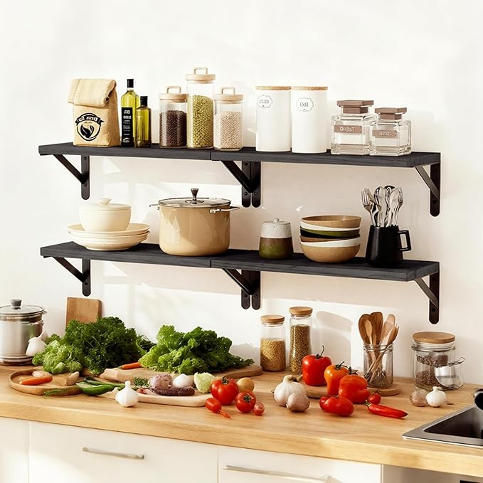 Fixwal Wall Floating Shelves for Home Decor (Black, Set of 4, 16.5 Inch) | Wood Shelves, Natural Grain, 40Lb Capacity, Sturdy Triangle Brackets, Versatile for Any Room - Image 7