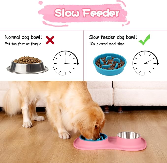MateeyLife Dog Food and Water Bowl Set 3 in 1, Slow Feeder Dog Bowls & Stainless Steel Water Bowl with Non-Spill Silicone Mat, Cat and Puppy Bowls Pet Dishes for Small Medium Large Breed Anti-Choking - Image 2
