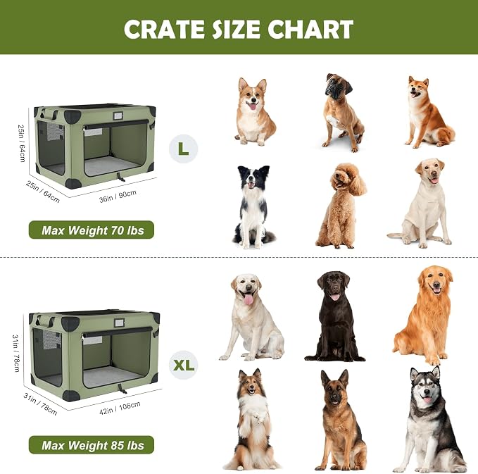 36 Inch Soft Collapsible Dog Crate Green with Waterproof and Easy to Clean | Chew-Proof Mesh Window,Sturdy Frame,Soft Blanket and Foldable Bowl,Waterproof,Portable for Camping,Signature Card,Storage Bag - Image 6