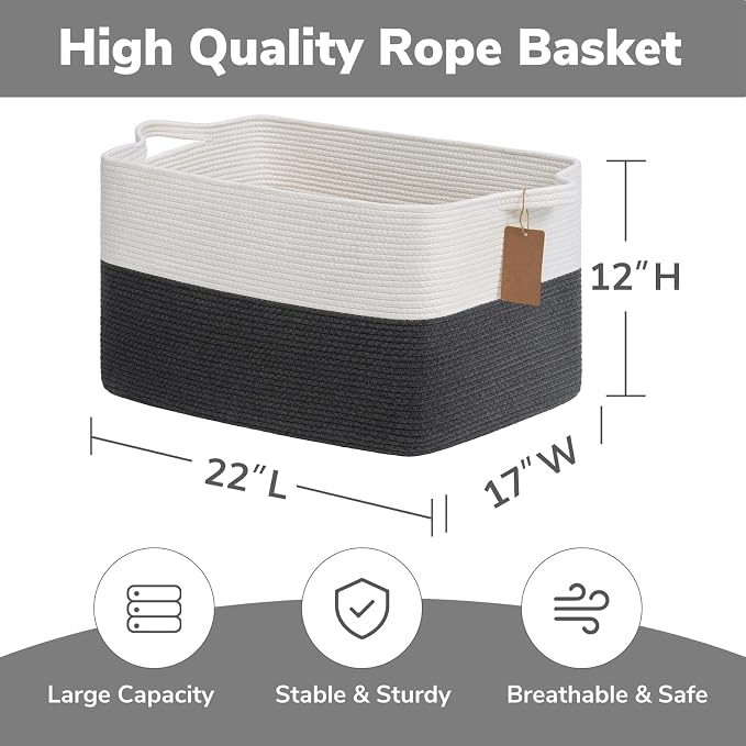 Goodpick 75L Extra Large Woven Rope Blanket Basket, Rectangle, Dark Gray | 22" × 17" × 12" Decorative Storage Basket for Blankets, Toys & Clothes, Fits Living Room, Bedroom & Nursery Organization - Image 3