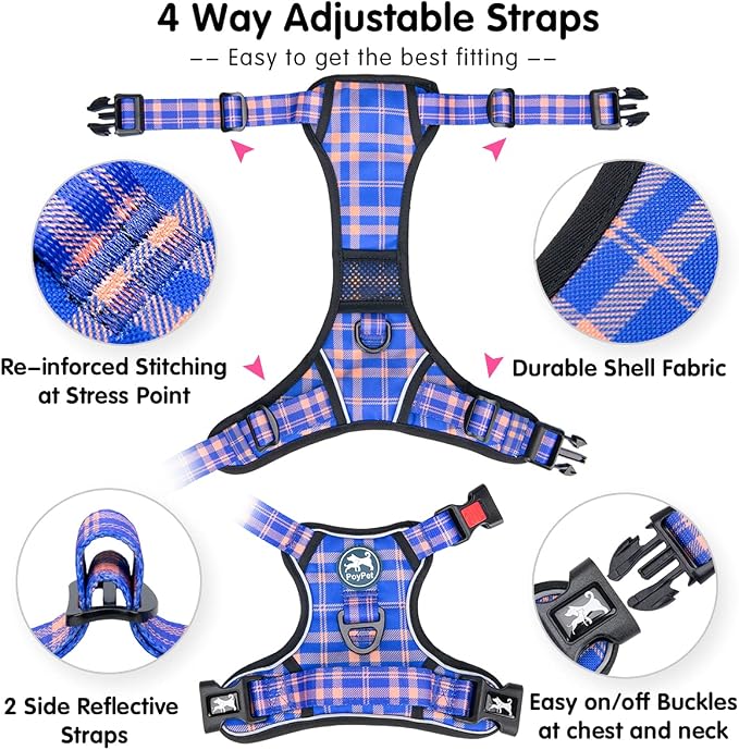 PoyPet Plaid Dog Harness Large, No Pull Vest with Front Clip & Neck Buckle | Padded Handle, Reflective, No Choke, Lockable, 2 Leash Rings, Full Adjustable, for Training Walking, L, Checkered Blue&Orange - Image 2
