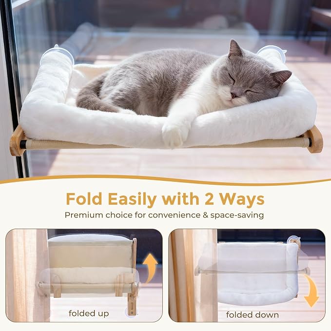 Pecute Foldable Cat Window Perch, Cloud-Soft Cat Bed with Wood Frame, 26" L | Solid Wood, Strong Suction Cup, Washable Cushion, Sided Bolster, Large Cat Hammock Indoor for Sunbathing, Bird Watching - Image 3
