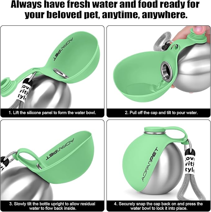 Portable Dog Water Bottle 10oz Stainless Steel Travel Dog Water Dispenser with Bowl No-Spill Puppy Water Bottle for Walking Hiking Small Dog Water Bottle (Mint Green) - Image 3