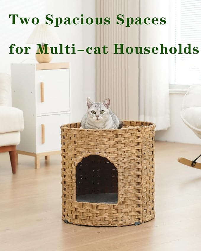 SETVSON Cat House for Indoor Cat, Large Double Cat Houses Bed, Natural | Handwoven PE Rattan Cave with One Soft Pad, 17 x 17 x 17 In Foldable Kitten Hideaway, Double-Level Play & Nap Spot - Image 7