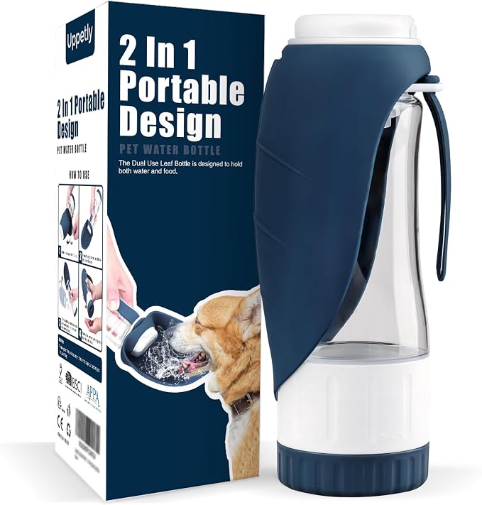 Uppetly Dog Water Bottle, Pet Water Bottle with Food Container and Drinking Feeder, Leak Proof, BPA-Free, Portable Foldable Puppy Water Cup Dispenser for Outdoor Walking, Travel, Small Dark Blue by Uppetly