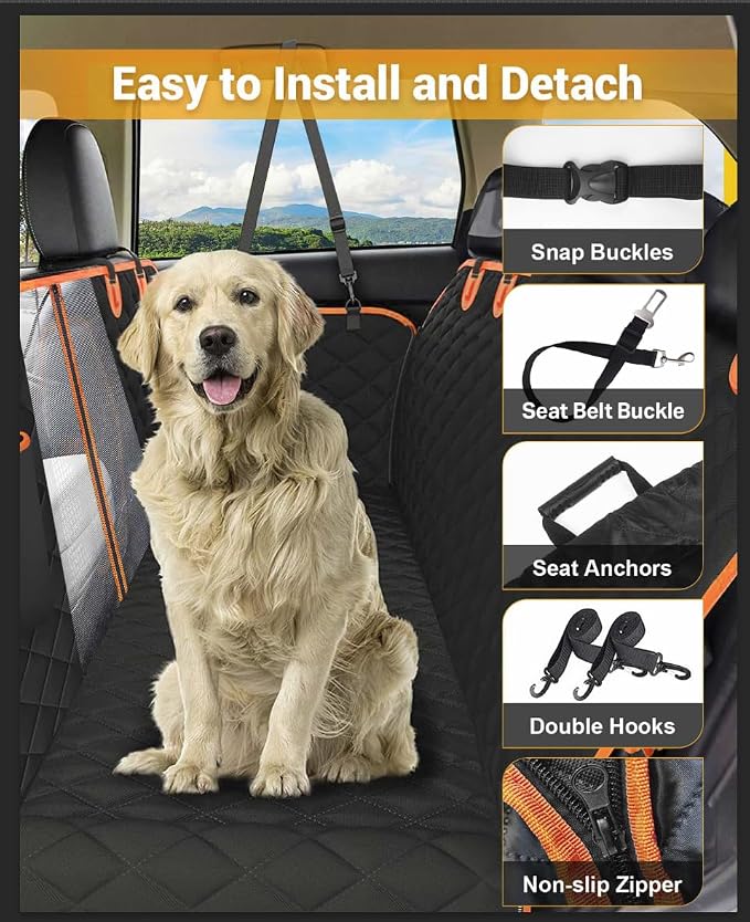 Dog Car Seat Cover, 600D Heavy Dute Car Seat Cover for Dogs Pets, 100% Waterproof Anti-Scratch Nonslip Dog Hammock for Cars, Seat Covers Protector with SeatBelt for Sedan SUV Truck Standard Oran&Black - Image 2