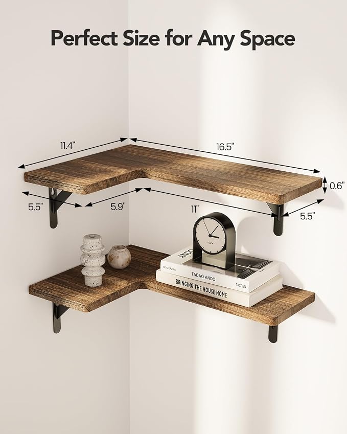 Amada Corner Floating Shelves, Paulownia Wood, Set of 4, Brown | Corner Wall Shelves with Triangular Metal Bracket, 44 lbs Capacity per Shelf, L-Shaped Design for Home Decor, Office, Bedroom - Image 2