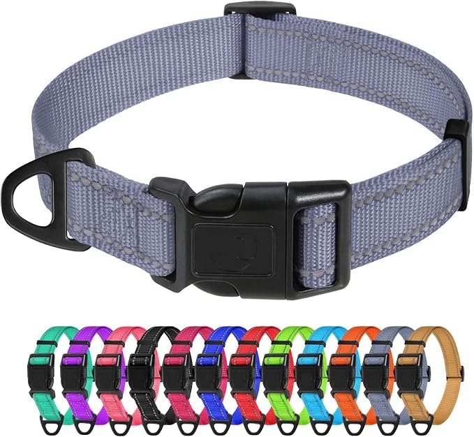 TagME Large Dog Collar, Reflective Nylon Collar, Grey, 1.0" Width | Soft Nylon Dog Collar With Reflective Stitching for Night Walks, Adjustable Fit, Quick-Release Buckle for Easy On & Off by TagME