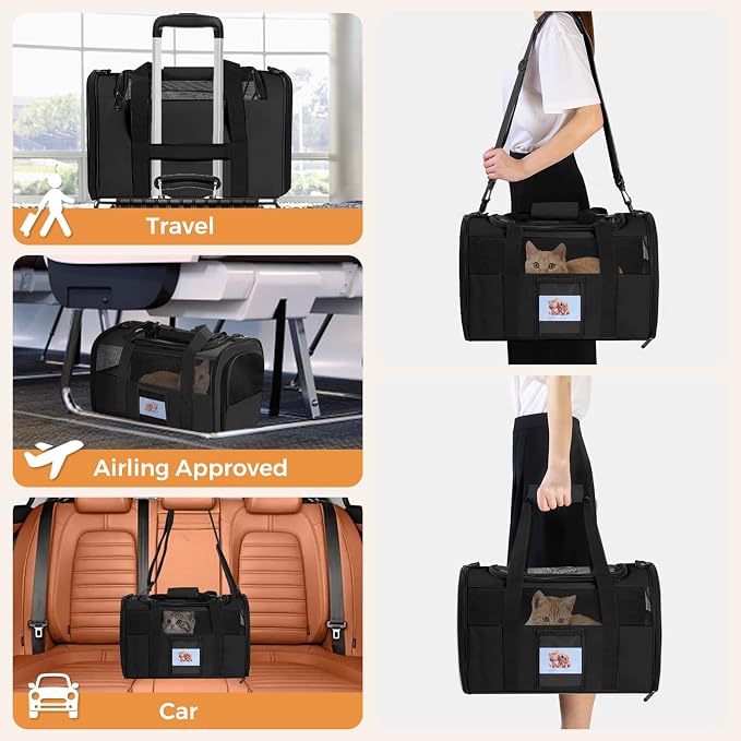 Soft Cat Carrier with Detachable Food Bowl,Pet Travel Bag (Up to 16 lbs) | Puppy Crate with Lockable Zippers,Airline Travel for Small Dog,Kitten,Animal,Breathable Mesh Kennel,Carrying Case,Black - Image 7