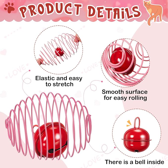 Jecery 5 Pcs Cat Toys Spring,Bell,Pink Red | Interactive Metal Cat Toy, Stretchable Rolling Ball, for Indoor Cats, Colorful Playful Coils, Kitten Pet Supplies - Image 3