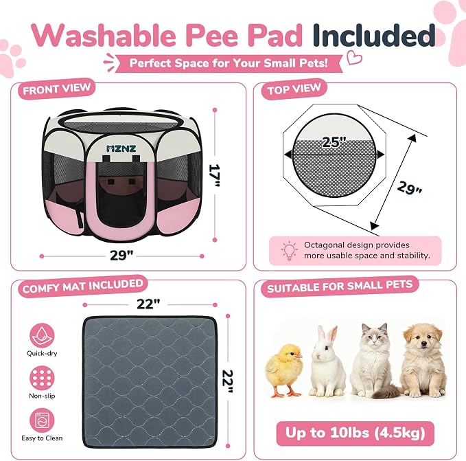 Dog Cat Small Animal Puppy Playpen Crate with Pee Pad, Small, Pink | Portable Pop Up Pet Cage Enclosure Tent Kennel Indoor Outdoor with Carrying Case, No Assembly, Camping Use - Image 2