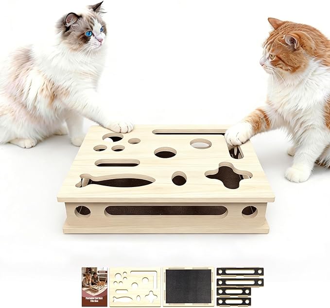 Cat Scratch Puzzle Enrichment Box, Large Solid Wood with Sandpaper Inside | Cat Nail File Enrichment Box with Sandpaper Inside, Cat Nail File Box Stress Free Alternative to Clippers and Grinders by Unknown
