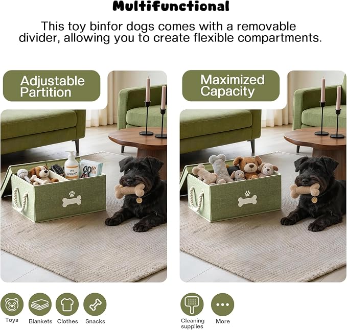 Dog Toy Basket with Double-Open Lid, Divided Dogs Basket for Toys, Collapsible Pet Toy Box, Dog Storage Organizer with 2 Divided Area, Puppy Toys Baskets with Rope Handles, Green - Image 4