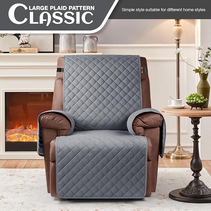 KinCam 100% Waterproof Recliner Chair Covers Washable, 30", Dark Gray | Anti Slip Reclining Couch Covers for Pets Dog, Recliner Sofa Slipcover Storage Pocket, Furniture Protector with Elastic Strap - Image 2