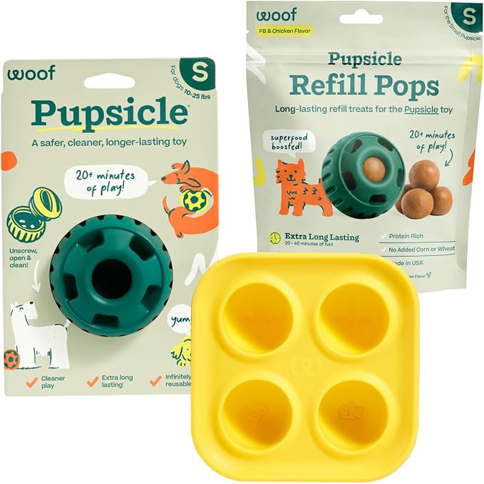 WOOF Starter Pack Dog Treat Toy for Small Dogs 10-25 lbs | Long-lasting enrichment kit, Pupsicle toy included, reusable treat mold, chicken Pops, DIY frozen treats by Woof