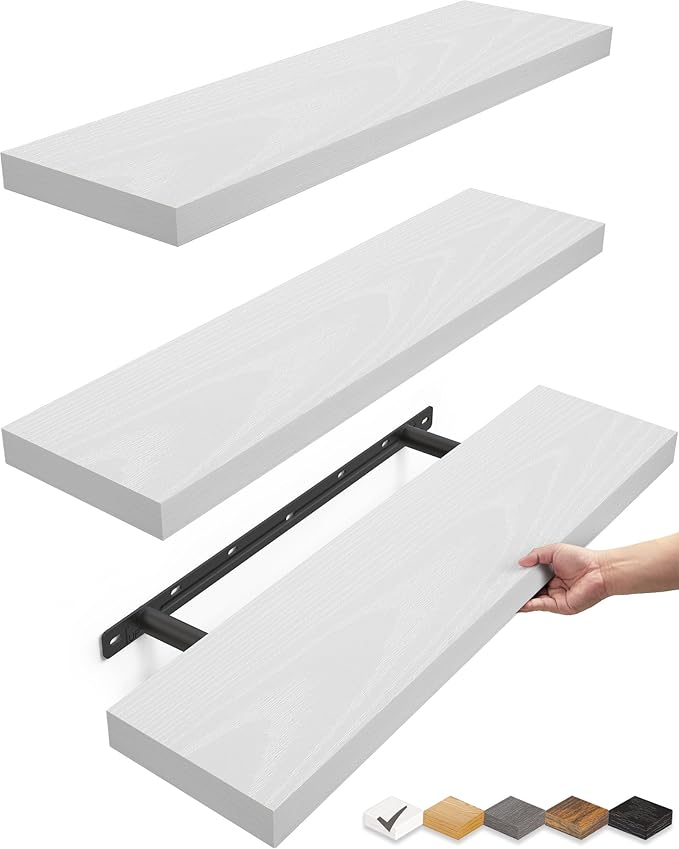 BAYKA White Floating Shelves 22.5in, Set of 3, Wall Mounted for Wall Decor | Easy Install, 22lbs Max Load, Hidden Bracket, Hanging Shelf for Bathroom Bedroom Kitchen Storage Decor, Multi-Wall Compatible by Bayka