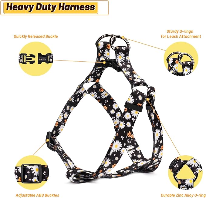 Dog Harness Leash Set Adjustable Heavy Duty No Pull Halter Harnesses for Small Medium Large Breed Dogs Back Clip Anti-Twist Perfect for Walking (M(19"-26" Chest Girth), White Daisy) - Image 3
