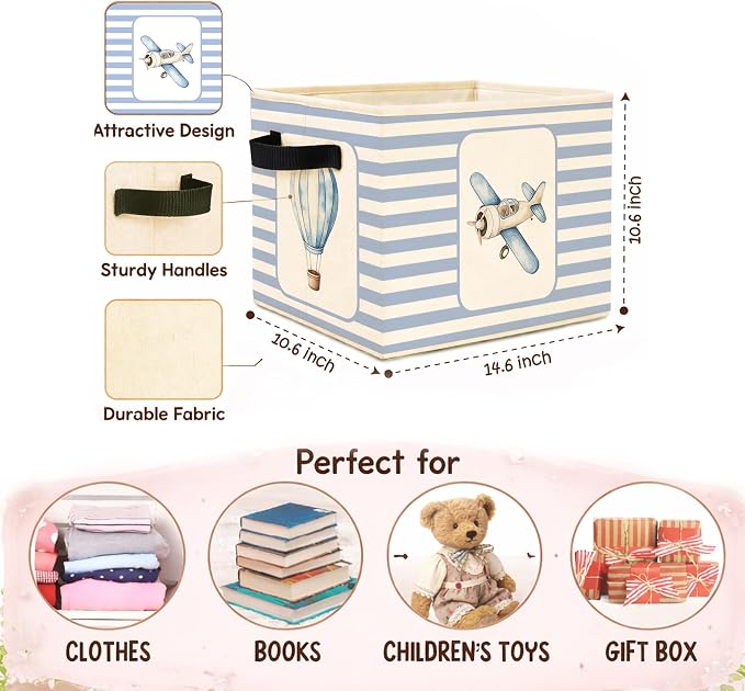 Airplane & Hot Air Balloon Storage Basket, Blue Stripe Foldable Toy Bin | Cute airplane and hot air balloon design with blue stripes; foldable fabric bin for toys, books, clothes, nursery. - Image 4