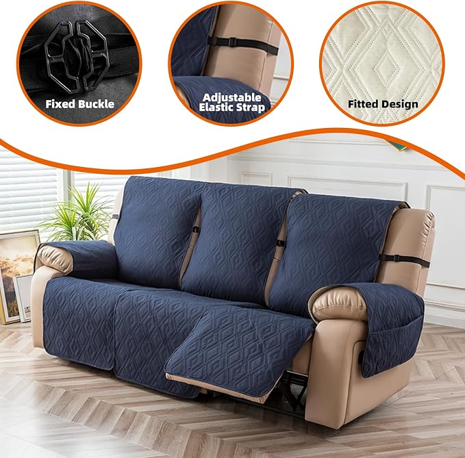Genina Waterproof Couch Cover for Reclining Couch 3 Seater Non-Slip, Washable Recliner Sofa Covers for 3 Cushion Couch, Furniture Covers Couch Protector for Dogs Pets Kids (Navy, Recliner Sofa) - Image 7