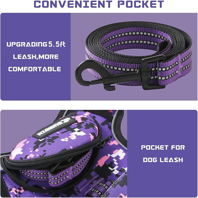 No Pull Dog Harness for Medium Dogs, Adjustable No Choke Pet Vest with Dog Leash Fit Smart Reflective Pet Walking Harness for Training Easy Control Soft Handle Purple Camo M - Image 4