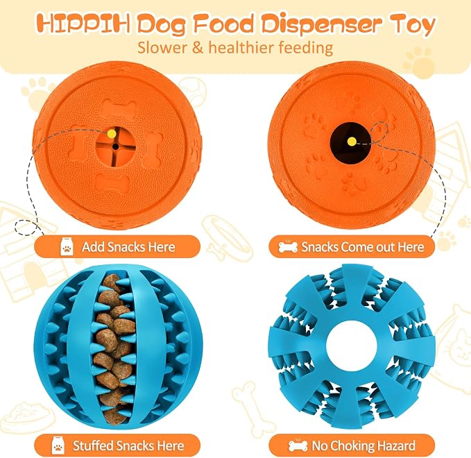 HIPPIH Dog Puzzle Toy 2 Pack, Interactive Dog Toys for Treat Dispensing | Durable Puppy Enrichment Toys, Dog Treat Ball for Teething, Slow Feeder, IQ Training, Blue-2.75'', Orange-3.14'' - Image 5